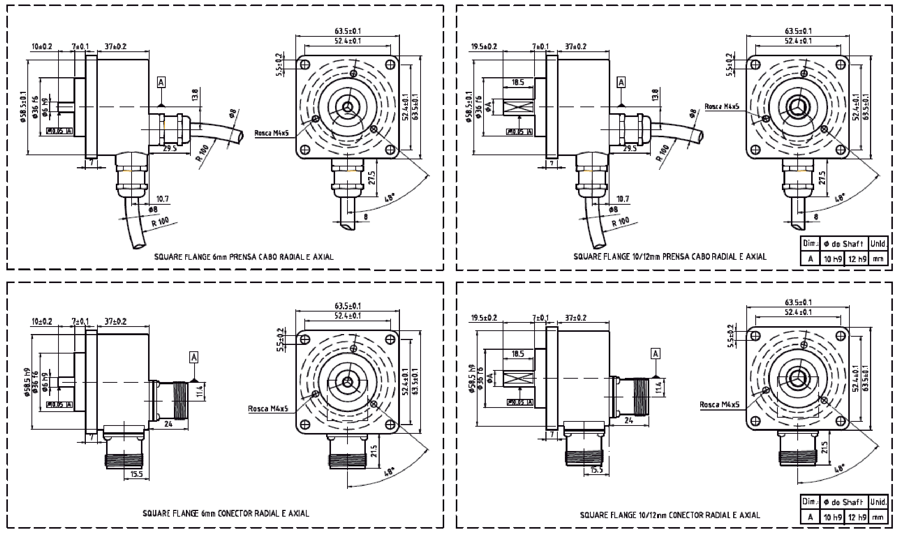 B58N — Flange quadrada · base 3 + flange — desenho dimensional original